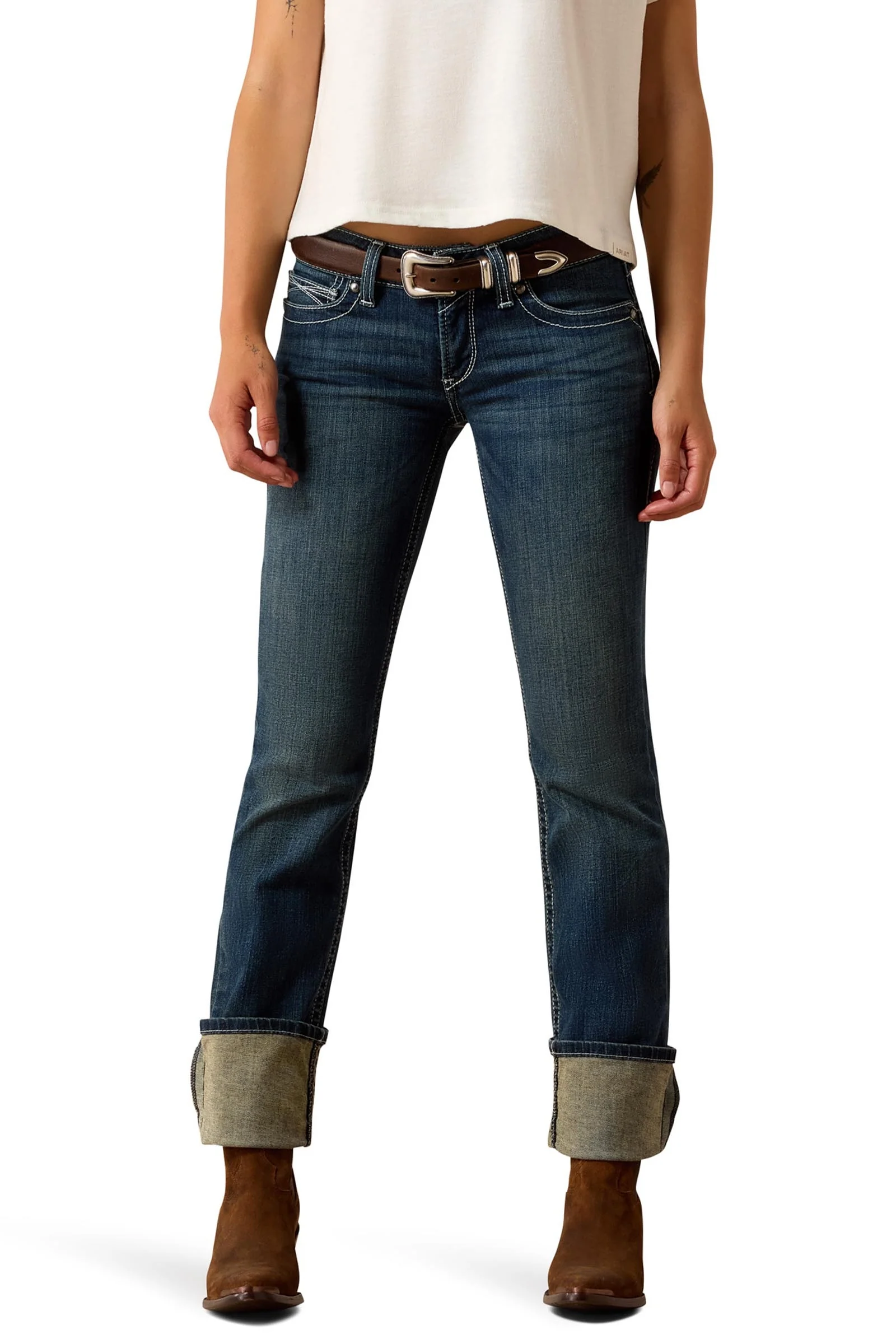 R.E.A.L. Mid Rise Stretch Icon Stackable Straight Leg Dame jeans med rett ben Ocean 25 Short